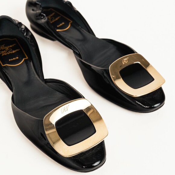 Roger Vivier Chips Black Patent Leather Buckle Scrunch Flats - Picture 7 of 10